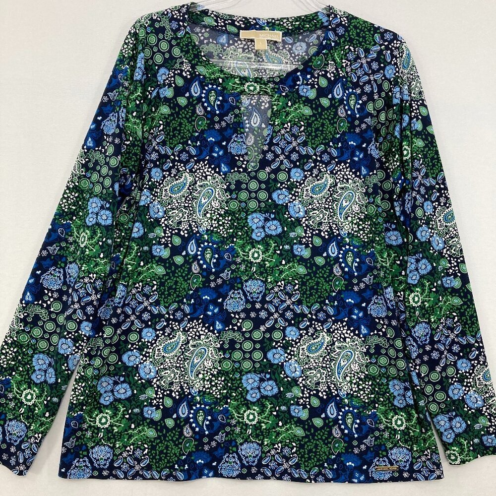 Michael Michael Kors size Large Blue Green Floral Keyhole‎ Stretch Top Office